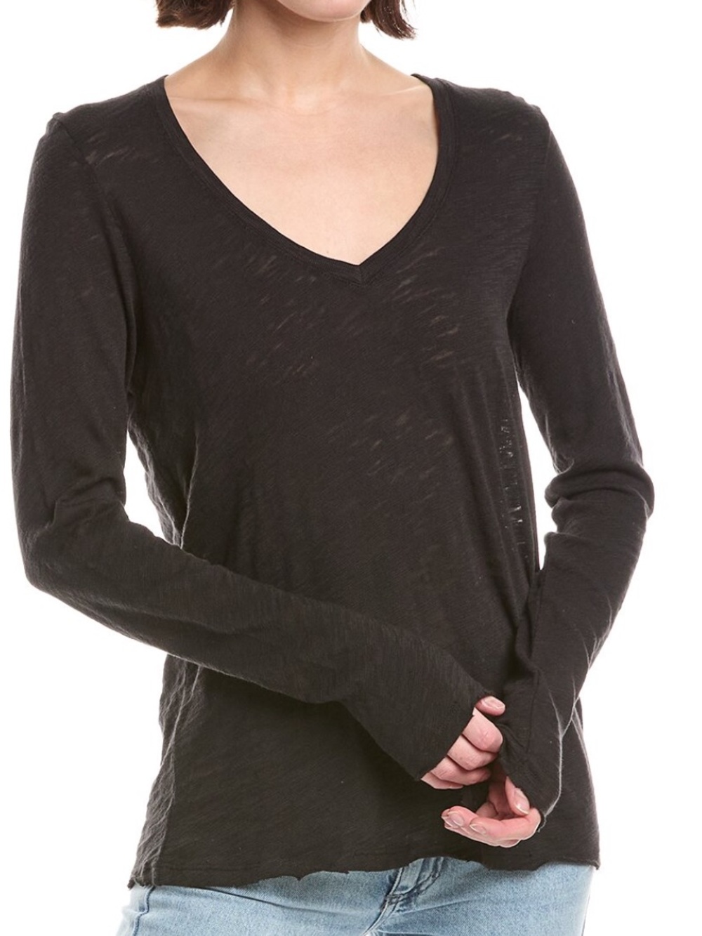 ATM Anthony Thomas Melillo Destroyed Long-Sleeve v neck Tee size small black